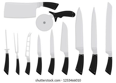 Illustration on theme big colored set different types knives different size for butcher. Knife pattern consisting of collection accessory to butcher in kitchen. Butcher with kitchen knives for meal.