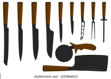 Illustration on theme big colored set different types knives different size for butcher. Knife pattern consisting of collection accessory to butcher in kitchen. Butcher with kitchen knives for meal.