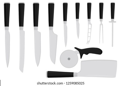 Illustration on theme big colored set different types knives different size for butcher. Knife pattern consisting of collection accessory to butcher in kitchen. Butcher with kitchen knives for meal.