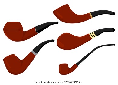 Illustration on theme big colored set different types smoke pipes different size for tobacco. Pipe pattern consisting of collection accessory of smoke tobacco. Tobacco smoke pipe to damage health.