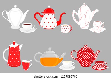 Illustration on theme big colored set different types teapots, different size kettles. Teapot pattern consisting of collection accessory to kettle in kitchen. Kettle with kitchen teapot for fresh tea