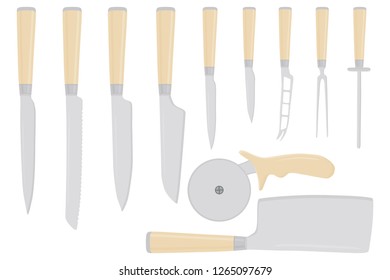 Illustration on theme big colored set different types knives different size for butcher. Knife pattern consisting of collection accessory to butcher in kitchen. Butcher with kitchen knives for meal.