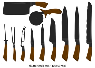 Illustration on theme big colored set different types knives different size for butcher. Knife pattern consisting of collection accessory to butcher in kitchen. Butcher with kitchen knives for meal.