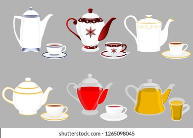 Illustration on theme big colored set different types teapots, different size kettles. Teapot pattern consisting of collection accessory to kettle in kitchen. Kettle with kitchen teapot for fresh tea