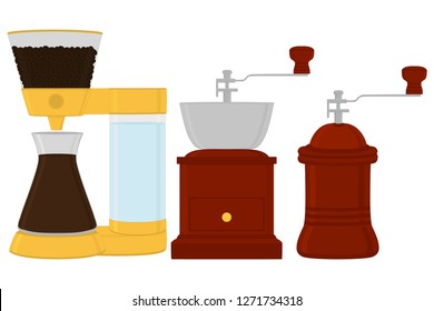 Illustration on theme big colored set different types wooden coffee mill, different size grinders. Mill pattern consisting of collection accessory to coffee grinder in kitchen. Coffee mill as grinder