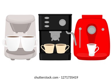 Illustration on theme big colored set different types coffee machine, different size makers. Coffee machine pattern consisting of collection accessory to maker. Maker, coffee machine for fresh coffee.