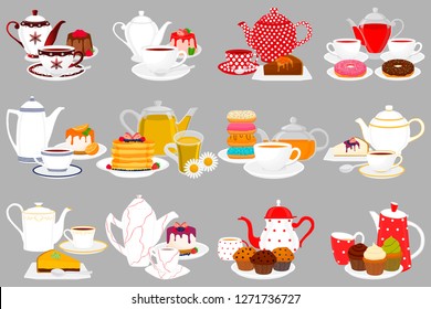 Illustration on theme big colored set different types teapots, different size kettles. Teapot pattern consisting of collection accessory to kettle in kitchen. Kettle with kitchen teapot for fresh tea