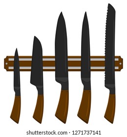 Illustration on theme big colored set different types knives different size for butcher. Knife pattern consisting of collection accessory to butcher in kitchen. Butcher with kitchen knives for meal.
