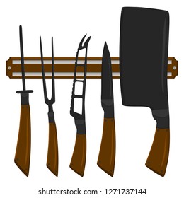 Illustration on theme big colored set different types knives different size for butcher. Knife pattern consisting of collection accessory to butcher in kitchen. Butcher with kitchen knives for meal. 