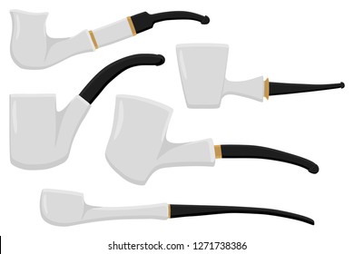 Illustration on theme big colored set different types smoke pipes different size for tobacco. Pipe pattern consisting of collection accessory of smoke tobacco. Tobacco smoke pipe to damage health.