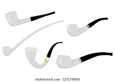 Illustration on theme big colored set different types smoke pipes different size for tobacco. Pipe pattern consisting of collection accessory of smoke tobacco. Tobacco smoke pipe to damage health.