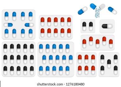 Illustration on theme big colored set different types of pills inside close blister. Pill pattern consisting of collection blisters with quality control. Plastic blister from remedy pill paracetamol.