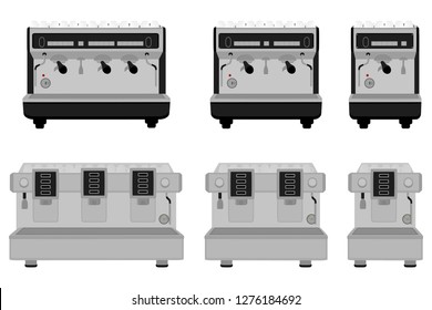 Illustration on theme big colored set different types coffee machine, different size makers. Coffee machine pattern consisting of collection accessory to maker. Maker, coffee machine for fresh coffee.