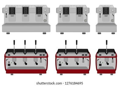 Illustration on theme big colored set different types coffee machine, different size makers. Coffee machine pattern consisting of collection accessory to maker. Maker, coffee machine for fresh coffee.