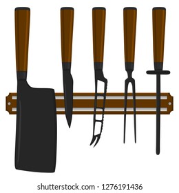 Illustration on theme big colored set different types knives different size for butcher. Knife pattern consisting of collection accessory to butcher in kitchen. Butcher with kitchen knives for meal.
