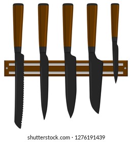Illustration on theme big colored set different types knives different size for butcher. Knife pattern consisting of collection accessory to butcher in kitchen. Butcher with kitchen knives for meal.