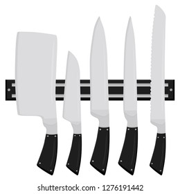 Illustration on theme big colored set different types knives different size for butcher. Knife pattern consisting of collection accessory to butcher in kitchen. Butcher with kitchen knives for meal.