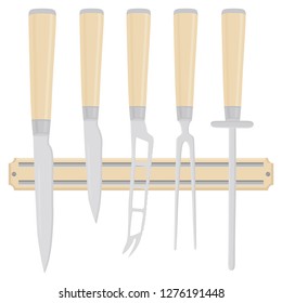 Illustration on theme big colored set different types knives different size for butcher. Knife pattern consisting of collection accessory to butcher in kitchen. Butcher with kitchen knives for meal.