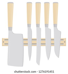 Illustration on theme big colored set different types knives different size for butcher. Knife pattern consisting of collection accessory to butcher in kitchen. Butcher with kitchen knives for meal.