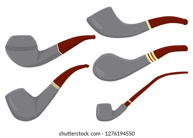 Illustration on theme big colored set different types smoke pipes different size for tobacco. Pipe pattern consisting of collection accessory of smoke tobacco. Tobacco smoke pipe to damage health.