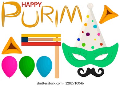 Illustration on theme big colored set different types balloons, mask for jewish Purim. Israel event Purim consisting of collection accessory balloon, mask. Mask Purim, balloon for baby holiday judaism