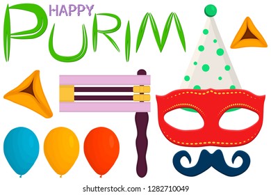 Illustration on theme big colored set different types balloons, mask for jewish Purim. Israel event Purim consisting of collection accessory balloon, mask. Mask Purim, balloon for baby holiday judaism