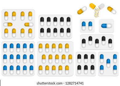 Illustration on theme big colored set different types of pills inside close blister. Pill pattern consisting of collection blisters with quality control. Plastic blister from remedy pill paracetamol.