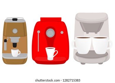 Illustration on theme big colored set different types coffee machine, different size makers. Coffee machine pattern consisting of collection accessory to maker. Maker, coffee machine for fresh coffee.