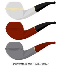 Illustration on theme big colored set different types smoke pipes different size for tobacco. Pipe pattern consisting of collection accessory of smoke tobacco. Tobacco smoke pipe to damage health.