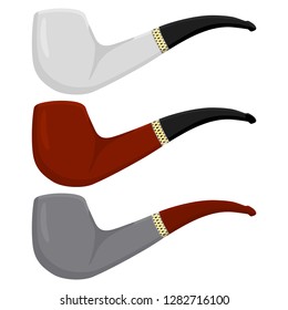 Illustration on theme big colored set different types smoke pipes different size for tobacco. Pipe pattern consisting of collection accessory of smoke tobacco. Tobacco smoke pipe to damage health.