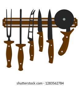 Illustration on theme big colored set different types knives different size for butcher. Knife pattern consisting of collection accessory to butcher in kitchen. Butcher with kitchen knives for meal.