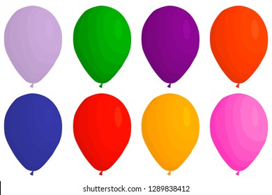 Illustration on theme big colored set different types inflatable rubber balloons, various size baloons. Balloon consisting of collection accessory baloon to celebrate holiday. Baloon ball as balloon.