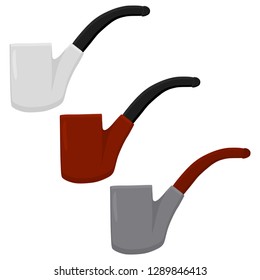 Illustration on theme big colored set different types smoke pipes different size for tobacco. Pipe pattern consisting of collection accessory of smoke tobacco. Tobacco smoke pipe to damage health.