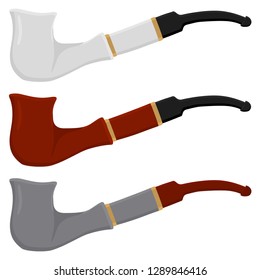Illustration on theme big colored set different types smoke pipes different size for tobacco. Pipe pattern consisting of collection accessory of smoke tobacco. Tobacco smoke pipe to damage health.