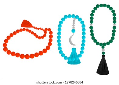 Illustration on theme big colored set different types of beads for rosary with tassel. Bead pattern consisting of collection accessory beautiful rosary in tassels. Beads is symbol rosary off tassel. svg