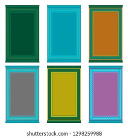 Illustration on theme big colored set different types of prayer rugs, mats retro style. Mat pattern consisting of collection accessory beautiful rug to prayer. Vintage rug is symbol mat for prayer.
