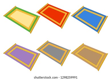 Illustration on theme big colored set different types of prayer rugs, mats retro style. Mat pattern consisting of collection accessory beautiful rug to prayer. Vintage rug is symbol mat for prayer.
