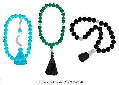 Illustration on theme big colored set different types of beads for rosary with tassel. Bead pattern consisting of collection accessory beautiful rosary in tassels. Beads is symbol rosary off tassel.