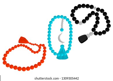 Illustration on theme big colored set different types of beads for rosary with tassel. Bead pattern consisting of collection accessory beautiful rosary in tassels. Beads is symbol rosary off tassel.