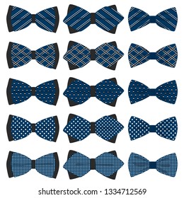 Illustration on theme big colored set ribbon different types, bow tie various size. Ribbon pattern consisting of collection textile garments bow tie for beauty. Bow tie is accessory fun man in ribbon.