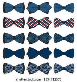 Illustration on theme big colored set ribbon different types, bow tie various size. Ribbon pattern consisting of collection textile garments bow tie for beauty. Bow tie is accessory fun man in ribbon.