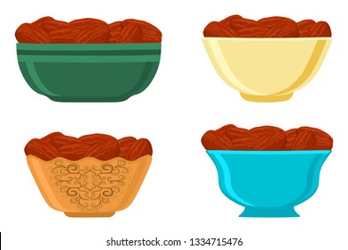 Illustration on theme big colored set different types of bowl for date fruit. Date fruit pattern consisting of collection accessory bowl at healthy lifestyle. Fruit dates is healthy meal from bowl.