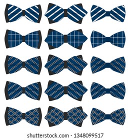 Illustration on theme big colored set ribbon different types, bow tie various size. Ribbon pattern consisting of collection textile garments bow tie for beauty. Bow tie is accessory fun man in ribbon.