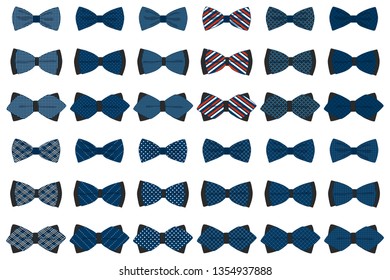 Illustration on theme big colored set ribbon different types, bow tie various size. Ribbon pattern consisting of collection textile garments bow tie for beauty. Bow tie is accessory fun man in ribbon.