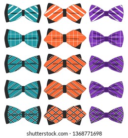 Illustration on theme big colored set ribbon different types, bow tie various size. Ribbon pattern consisting of collection textile garments bow tie for beauty. Bow tie is accessory fun man in ribbon.