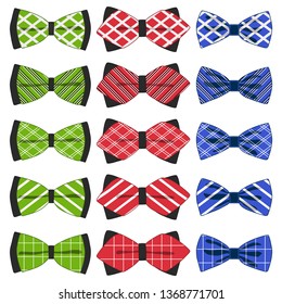 Illustration on theme big colored set ribbon different types, bow tie various size. Ribbon pattern consisting of collection textile garments bow tie for beauty. Bow tie is accessory fun man in ribbon.