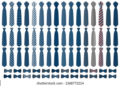 Illustration on theme big colored set neckties different types, bow tie various size. Necktie consisting of collection textile garments bow tie for beauty. Bow tie is accessory brutal man in necktie.