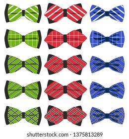 Illustration on theme big colored set ribbon different types, bow tie various size. Ribbon pattern consisting of collection textile garments bow tie for beauty. Bow tie is accessory fun man in ribbon.