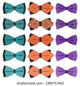 Illustration on theme big colored set ribbon different types, bow tie various size. Ribbon pattern consisting of collection textile garments bow tie for beauty. Bow tie is accessory fun man in ribbon.