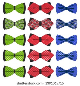 Illustration on theme big colored set ribbon different types, bow tie various size. Ribbon pattern consisting of collection textile garments bow tie for beauty. Bow tie is accessory fun man in ribbon.